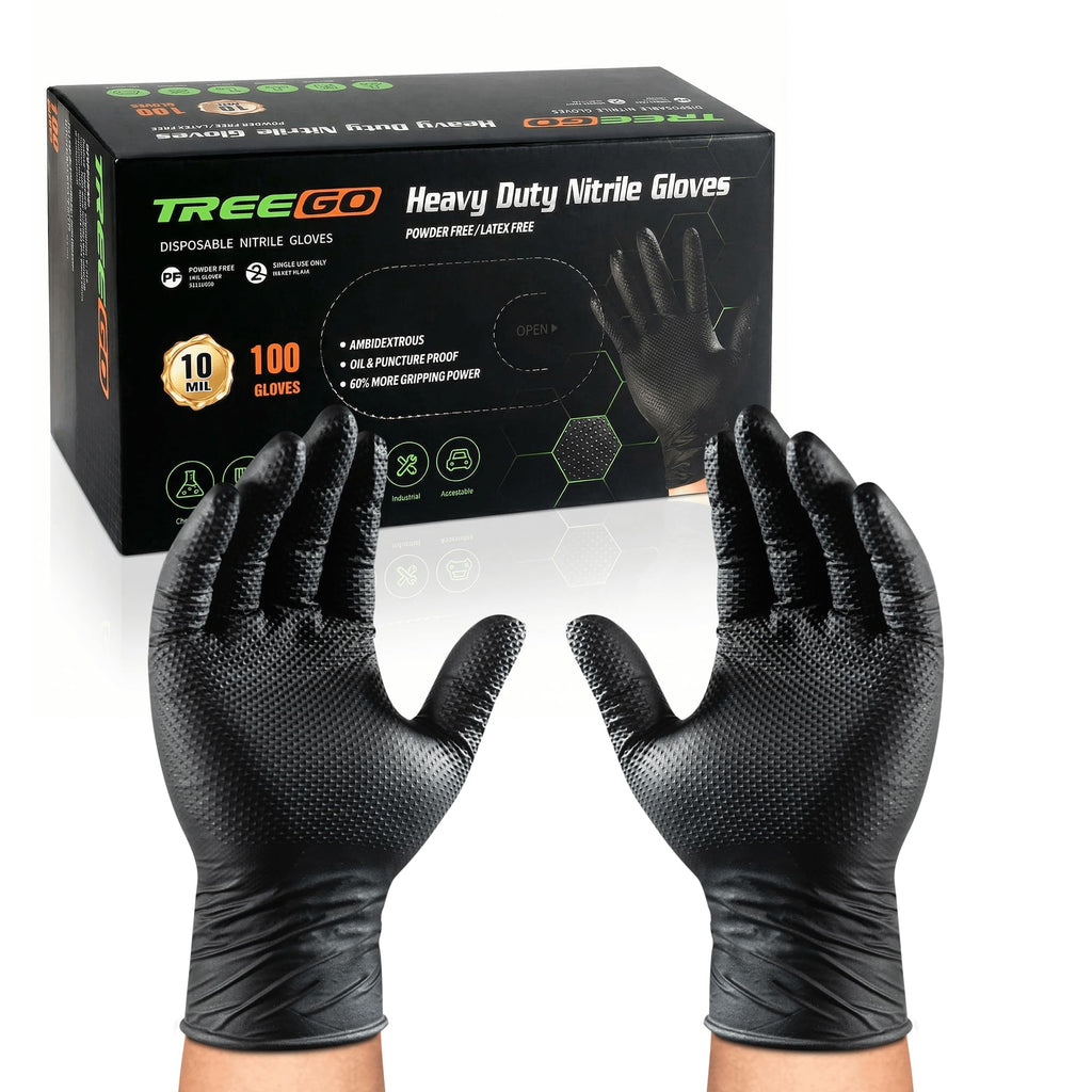 TREEGO 10 Mil Black Nitrile Gloves Heavy Duty — 3D Diamond Texture Grip, Latex Free Disposable Rubber Mechanic Gloves, X-Large, 100 Count