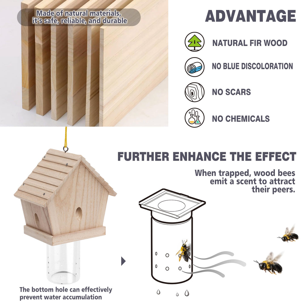 GRTRE 1 Pack Wood Carpenter Bee Trap for Outside - Best Bee Trap - Wood Boring Bee Trap- Nature Chalet Style Carpenter Bee Traps Outdoor Hanging - Insect Traps Removes Carpenter bee
