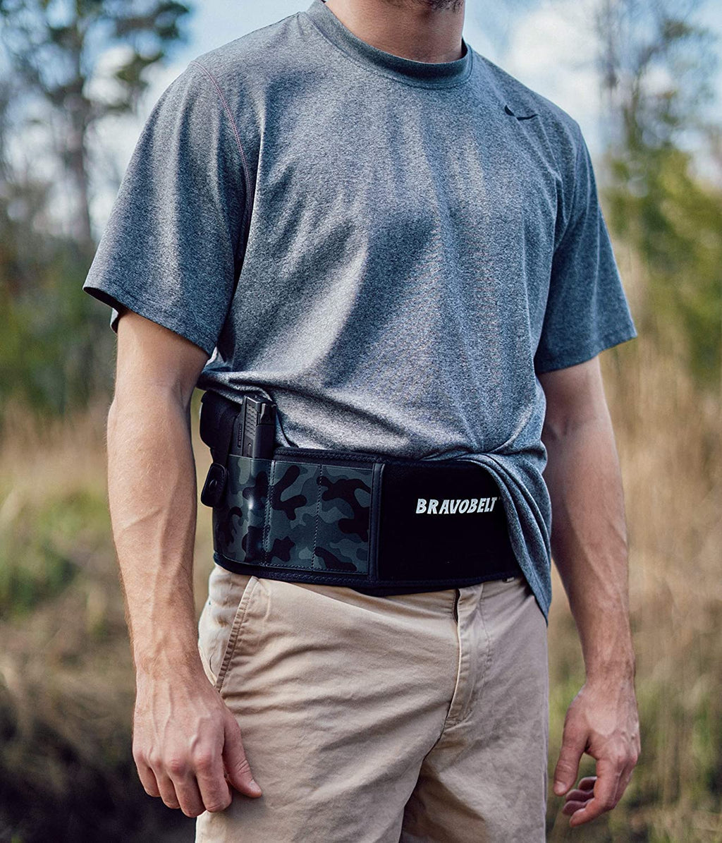 BRAVOBELT Belly Band Holster for Concealed Carry - Athletic Flex FIT for Running, Jogging, Hiking - Glock 17-43 Ruger S&W M&P 40 Shield | for Men & Women (Camo, XL - 45" - 55" Belly)