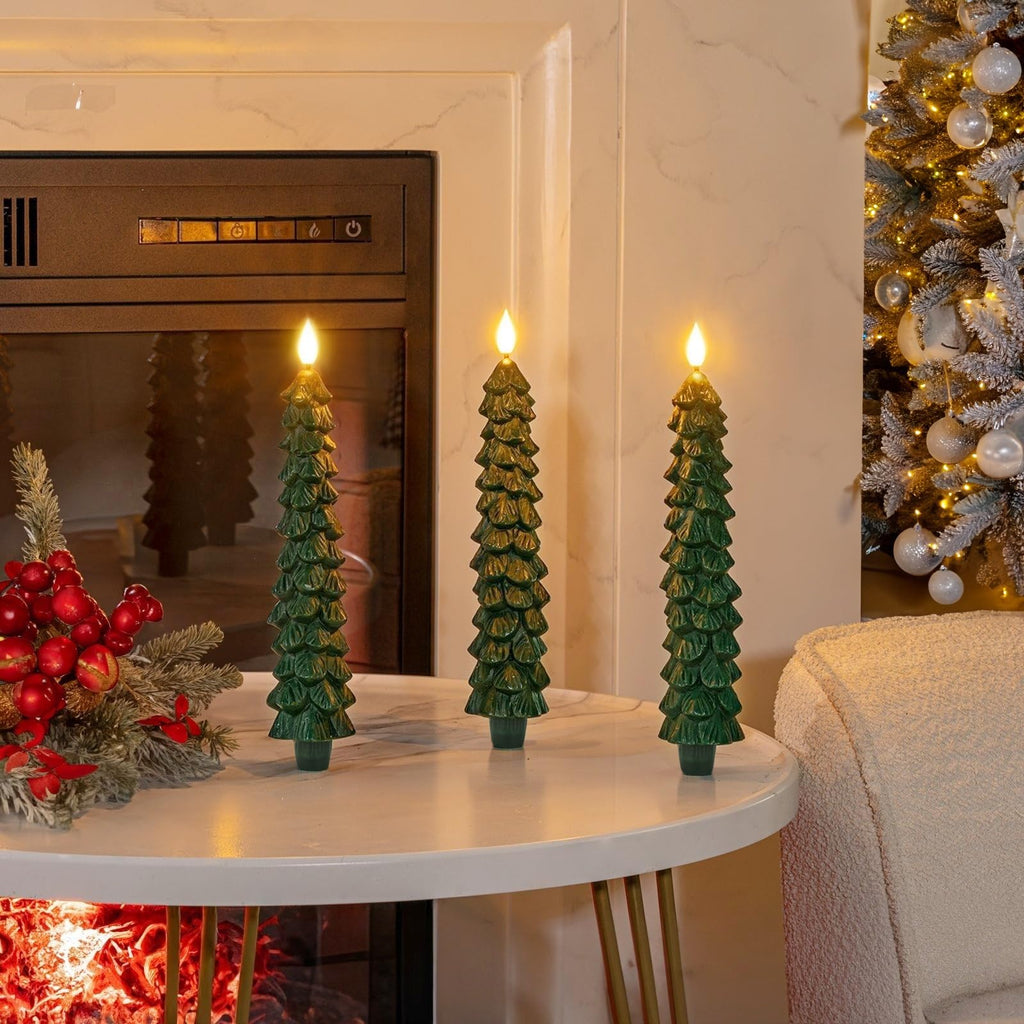 Homemory 3 PCS Flameless Taper Candles with 6-Hours Timer, 9.5 Inches Christmas Tree Candlesticks, Real Wax Battery Operated Window Candles with 3D Flickering Flame for Fireplace Christmas