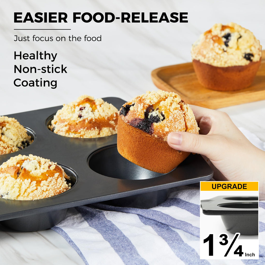 HONGBAKE Nonstick Jumbo Muffin Pan, 2 Pack Large Cupcake Tin for Baking, Cup Cake Tray, 3.5dia, 6 Cup, Premium, Extra Thick, Dishwasher Safe