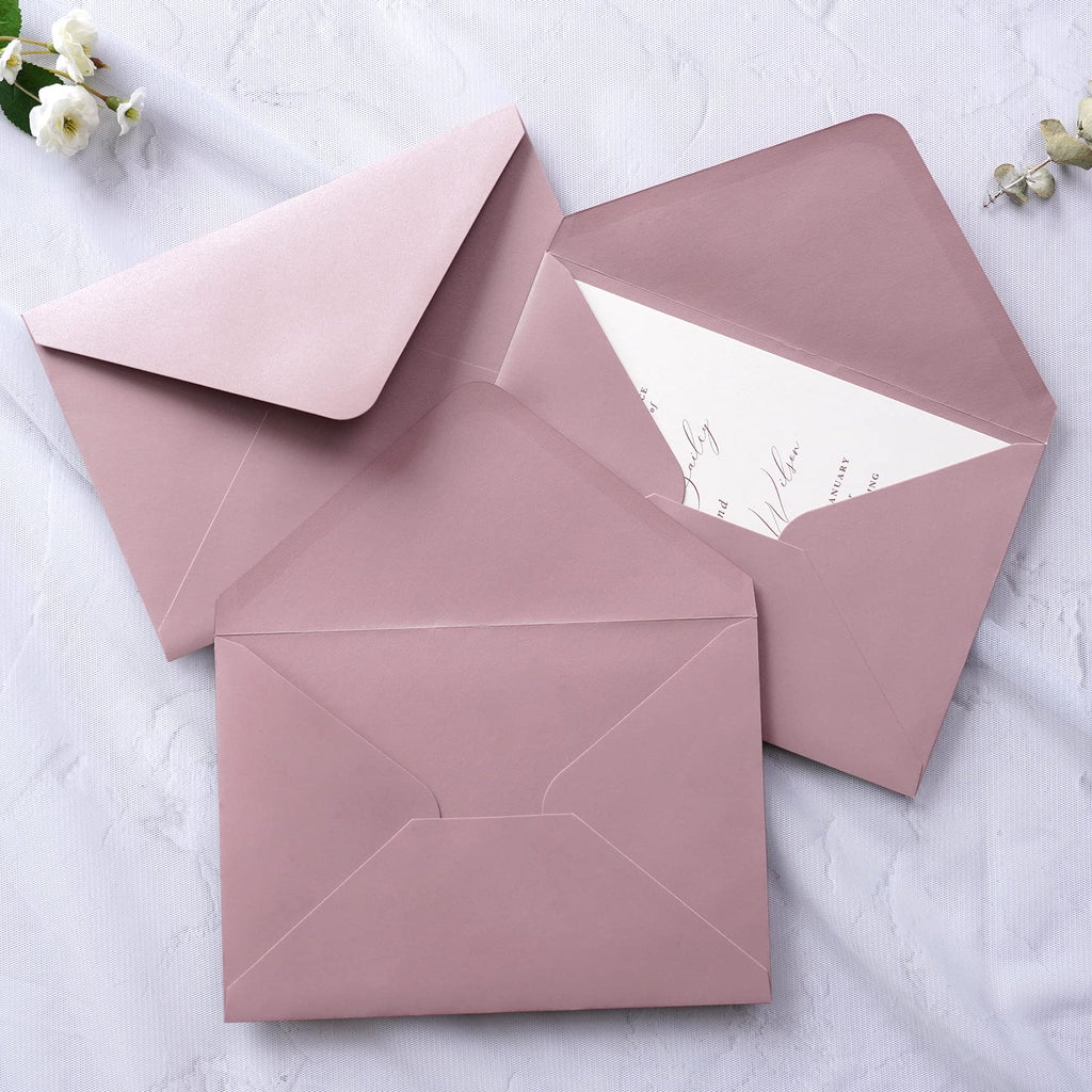 PONATIA 50 PCS/Pack A7 Envelopes, 5.25 x 7.5'' Shiny Dusty Rose Envelopes, Perfect 5x7 envelopes For Wedding Invitation Cards, Christmas Gift Cards Envelopes, Acrylic Invitations, Photos