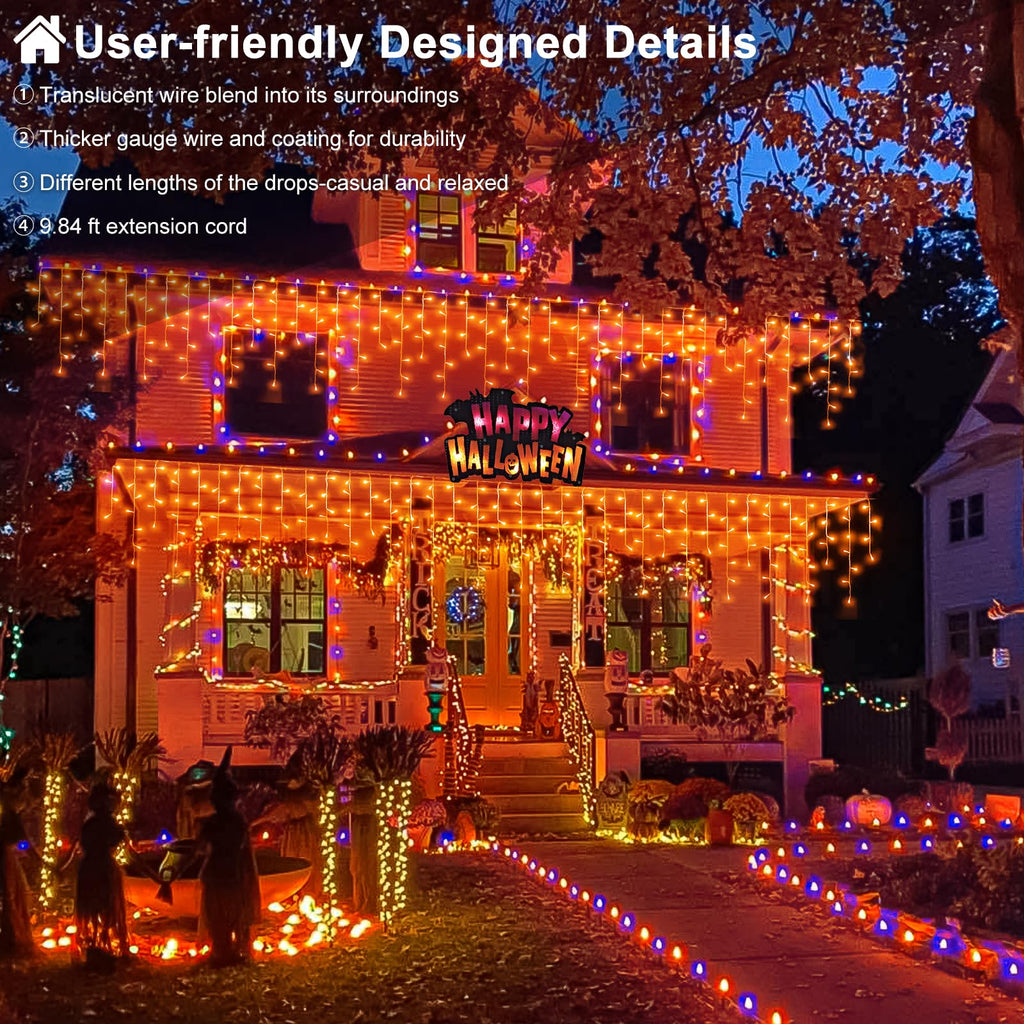 33ft Orange Halloween Lights Outdoor, 400 LED Icicle Lights for Outside Indoor Christmas Lights with Connectable Clear Wire 8 Modes Timer Waterproof for House Party Tree Holiday Yard Decorations