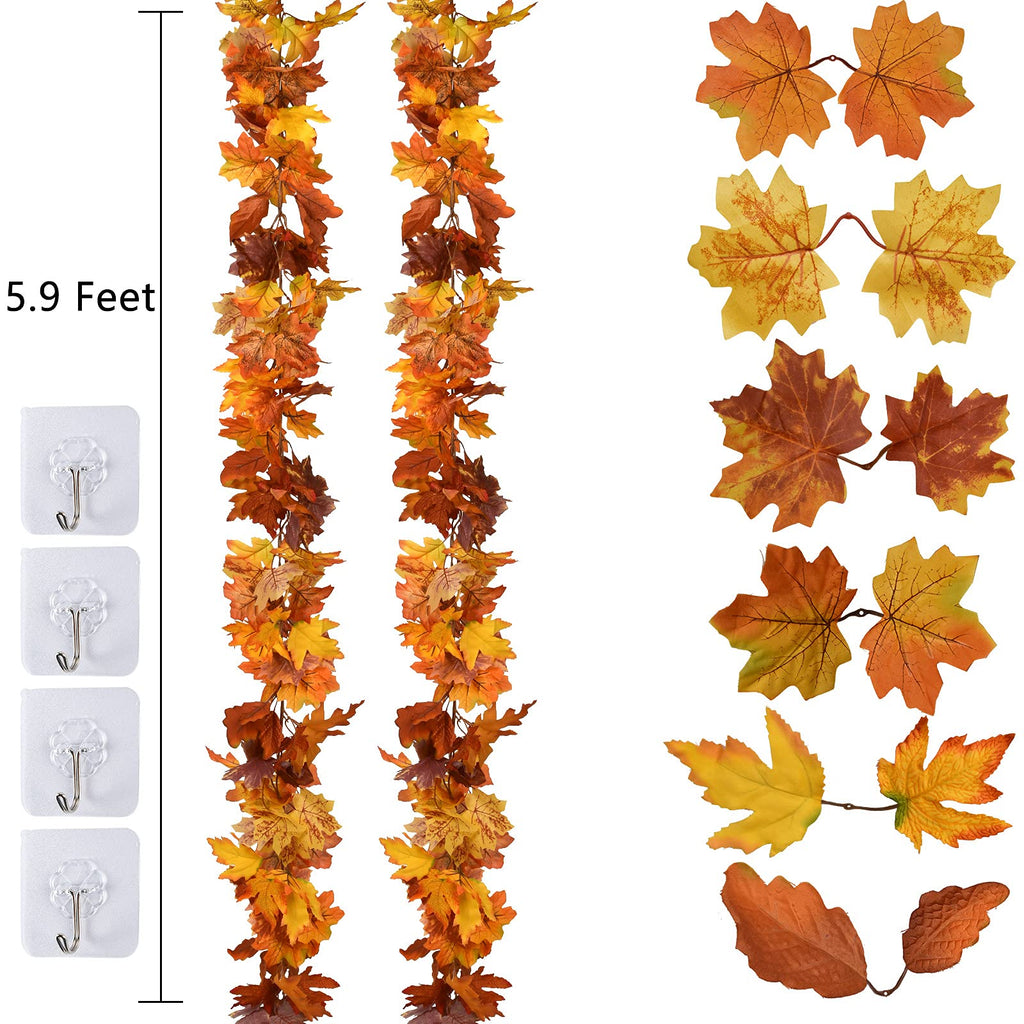 DearHouse 2 Pack Fall Garland Maple Leaf, 5.9Ft/Piece Hanging Vine Garland Artificial Autumn Foliage Garland Thanksgiving Decor for Home Wedding Fireplace Party Christmas (Light Orange)