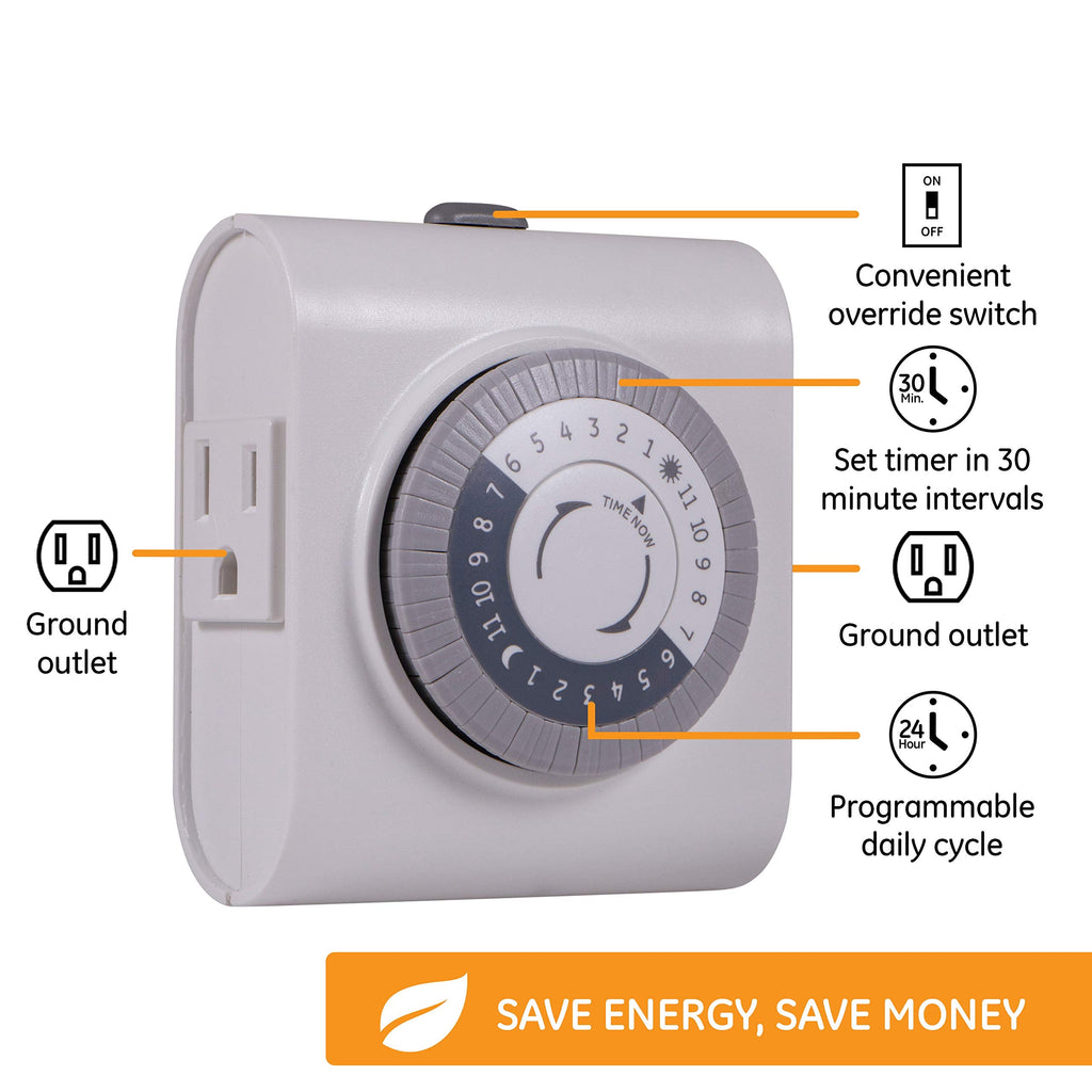 GE 24-Hour 2 Grounded Outlets Mechanical Outlet Timer, Timers for Electrical Outlets Indoor, Light Timers Indoor, Daily ON/OFF Cycle, Timer for Lights Inside, Christmas Tree Timer, 4 Pack, 66405