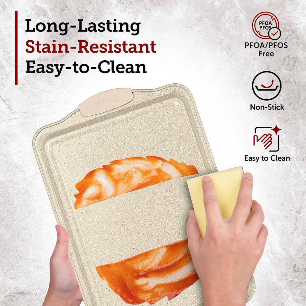 BAKKEN Cookie Sheets for Baking Nonstick Set - 3-Piece Stackable Carbon Steel Baking Sheet Pans Set with Silicone Handles, Non Toxic Cookie Sheets for Baking Bakeware Set - White Marble