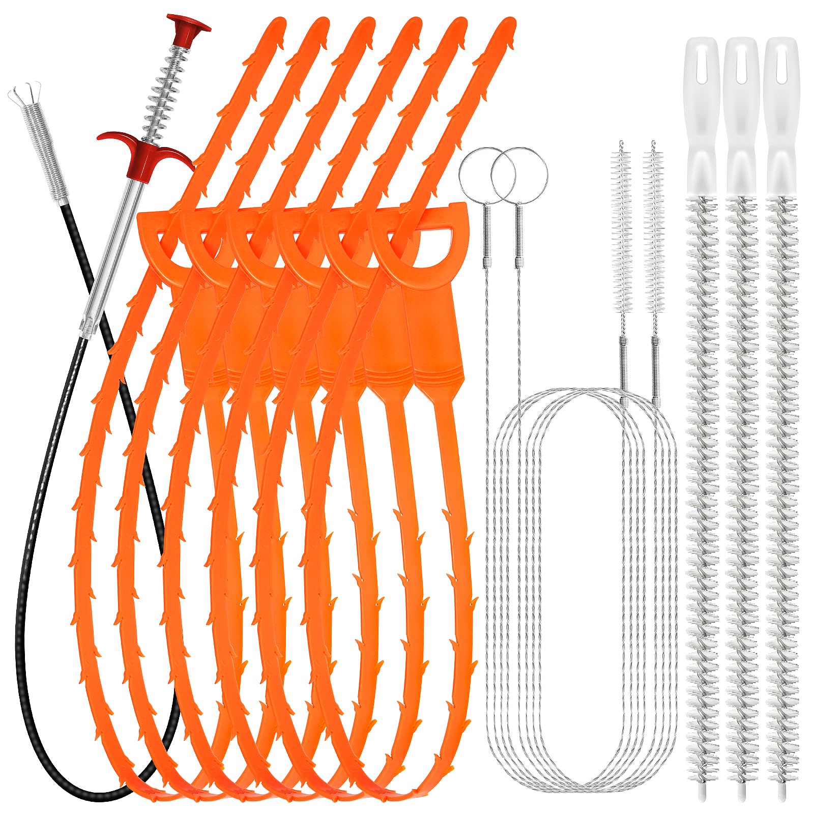Drain Snake 12 Set: 25inch Snake Drain Hair Removal Tool(1PCS), 59inch Cleaning Brush(2PCs), 25inch Drain Clog Remover(6PCS), 18inch Sink Drain Brush(3PCS) For Bath Tub, Toilet, Kitchen Sink, Sewer
