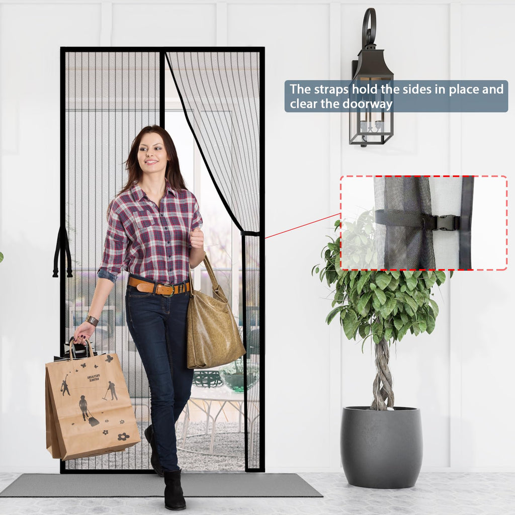 Magnetic Screen Door with Stay Open Buckles - Door Curtains Heavy Duty Self-Sealing Mesh,Powerful Magnets (Fit for Door Size:36x82 Inch,Screen Itself Size:38x83 Inch, Black)