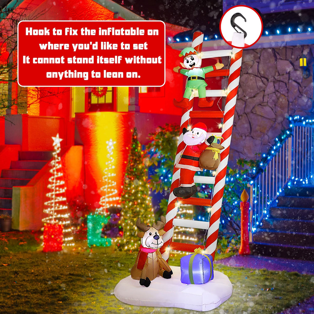 Joliyoou 10FT Christmas Inflatable Decorations, Giant Lighted Ladder Blowups Climbed with Elf, Reindeer, Santa, C7 String Lights for Xmas Winter Holiday Roofs Trees Balconies Decor