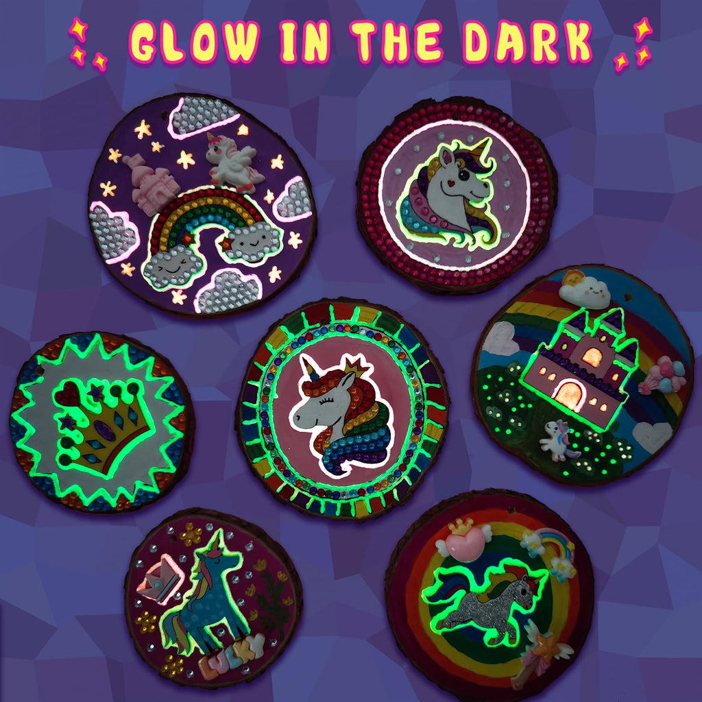 klmars Unicorn Themed Wooden Painting Kit-Glow in The Dark-Arts & Crafts Gifts for Kids Girls Ages 5-12-Wood Slice Craft Activities Kits -Unicorn Art Toys for Kids Christmas Gifts
