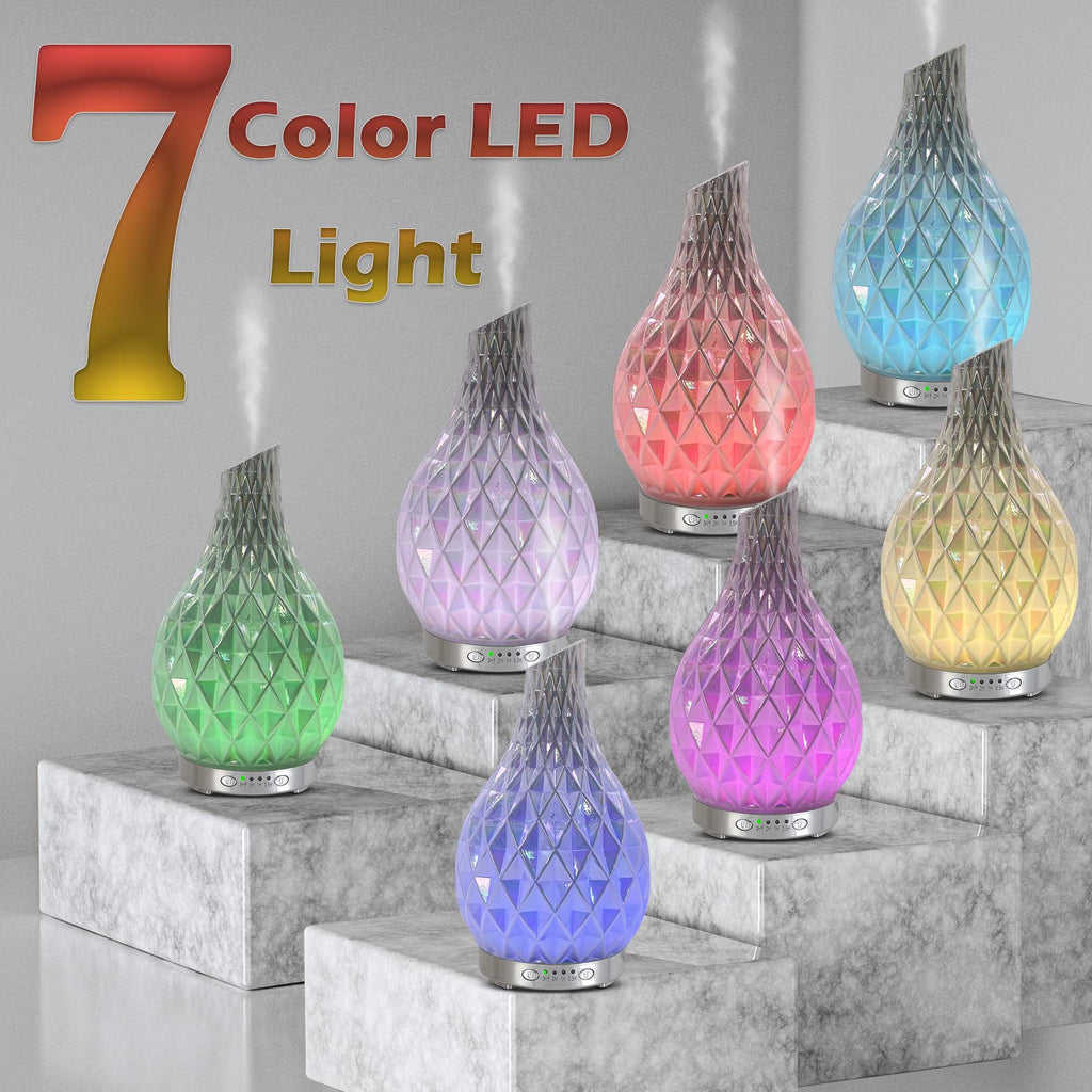 MAXWINER Essential Oil Diffuser Handmade Art Glass Aromatherapy Ultrasonic Humidifier with 7 Colors Lights Changing, Waterless Auto Shut-Off, Time Setting for Home, Office, Room 120ml (Diamond)