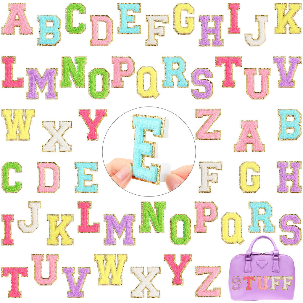 WILLBOND 52 Pcs Chenille Letter Patches Bulk Self Adhesive Letter Patches for Backpacks Stick on Letters Embroidered Applique Patch for Clothing Hats Halloween Christmas Supplies(Multicolor)