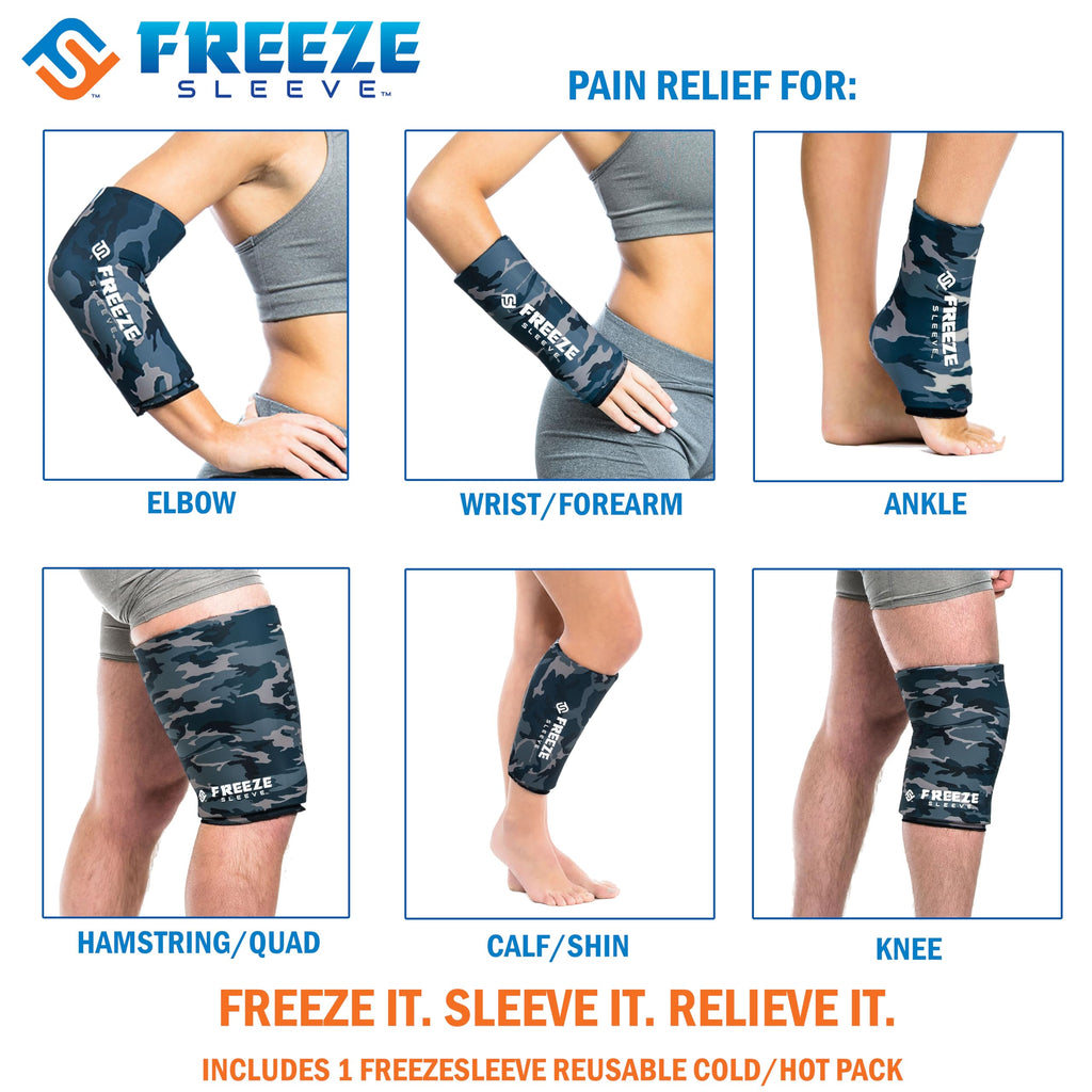 FreezeSleeve Ice & Heat Therapy Sleeve- Reusable, Flexible Gel Hot/Cold Pack, 360 Coverage for Knee, Elbow, Ankle, Wrist- Blue Camo, Small/Medium