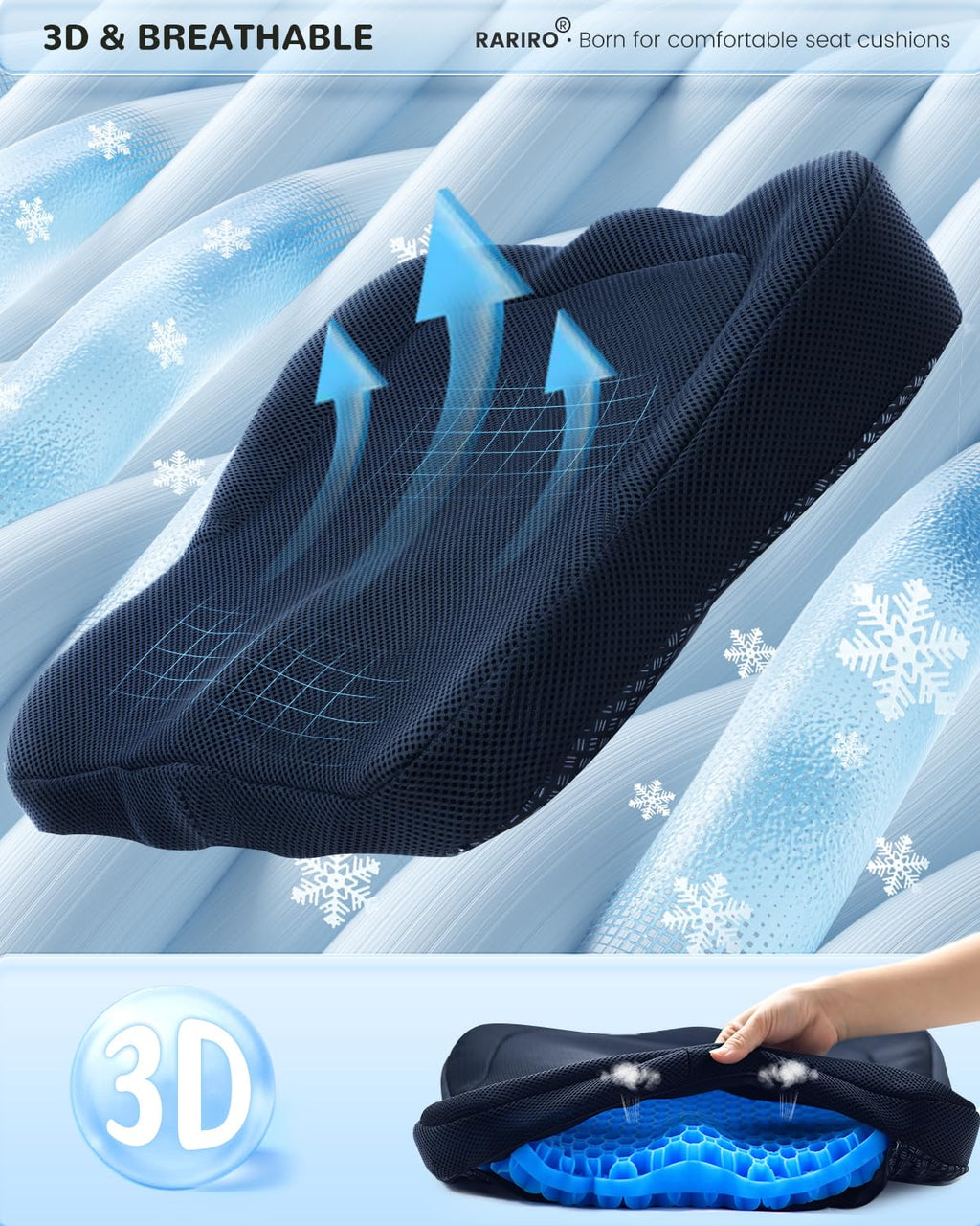 Thickened Gel Seat Cushion, Chair Seat Pads for Wheelchair, Gel Cushion Seat for Pressure Coccyx Sciatica Pain Relief, Egg Cushion for Car Office Chair, Cooling Cushion for Long Sitting[Blue-2.75"]