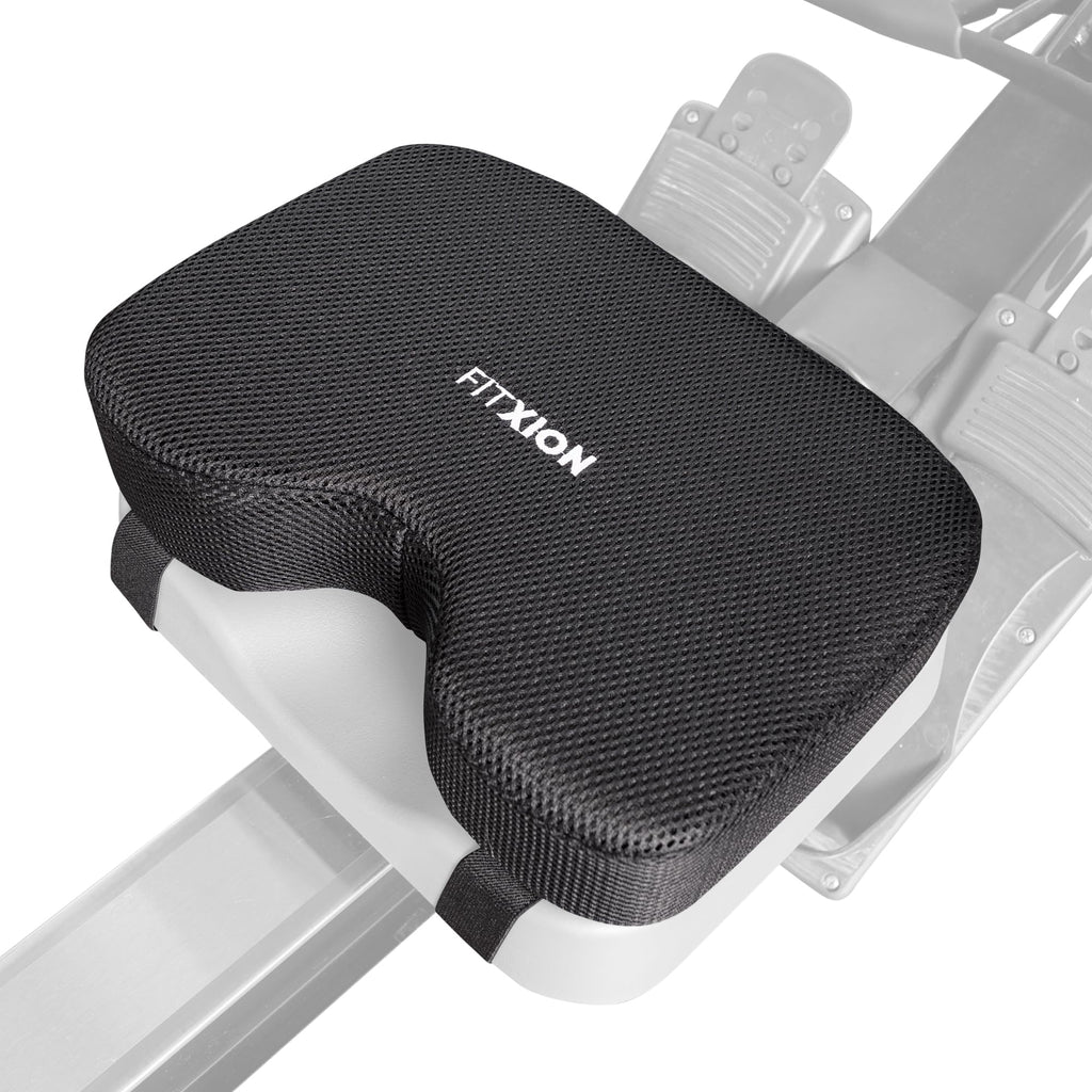 FitXion Rowing Machine Seat Cushion – Ergonomic Tail Bone Comfort Memory Foam Pad for Concept 2, Water Rower, Peloton or Recumbent Bike. Anti-Slip Base, Buckled Straps for Indoor Rowing Workouts
