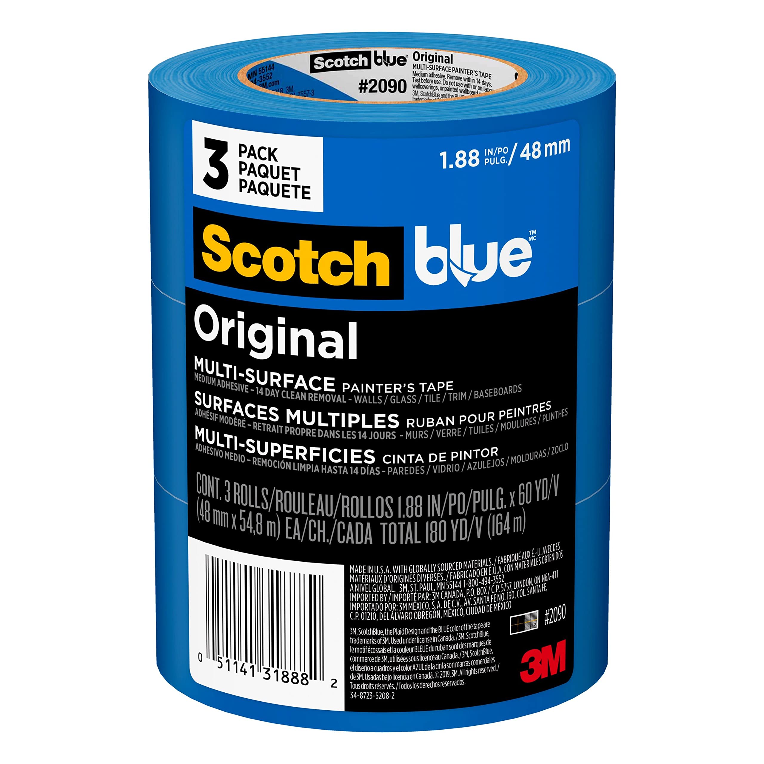 ScotchBlue Original Multi-Surface Painters Tape, 2 Inch Wide (1.88 in. x 60 Yds), 3 Rolls, Blue Paint Tape Protects Surfaces and Removes Easily, Masking Tapes for Indoor and Outdoor Use (2090-48EP3)