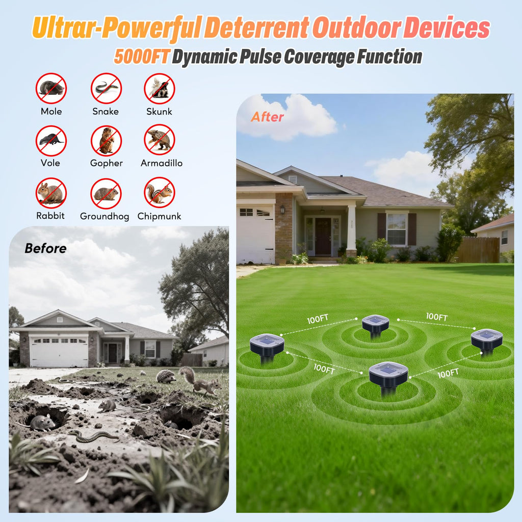 4 Pack Mole Repellent Solar Powered, Snake & Skunk & Vole & Gopher & Armadillo & Rabbit & Groundhog & Chipmunk & Raccoon Repellent for Yard, IP65 Waterproof Ultrasonic Deterrent for Lawns Garden