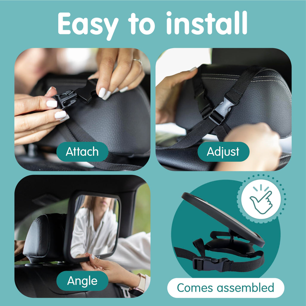 Onco Baby Car Mirror Rear Facing - Double Award-Winning Convex Car Mirror for Baby, 100% Shatterproof & Shakeproof with 360° Rotation, Newborn Essentials (9.6 x 6.9 in)