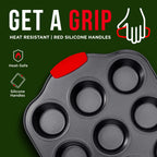 BAKKENMASTER Baking Set – 8 Piece Kitchen Oven Bakeware Set – Deluxe Non-Stick Black Coating Inside and Outside – Carbon Steel – Red Silicone Handles – PFOA PFOS and PTFE Free by Bakken