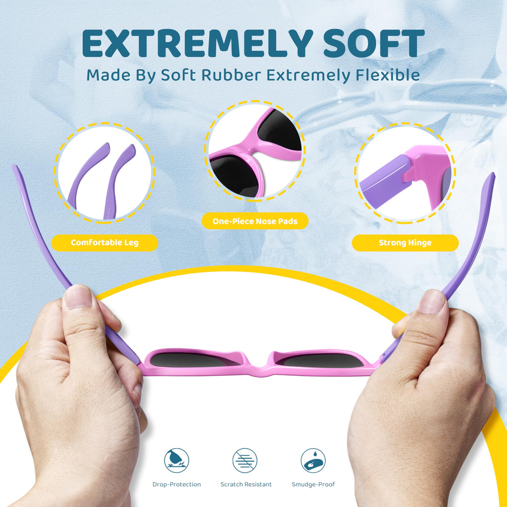 Kids Sunglasses Polarized UV Protection Flexible Rubber Glasses Shades with Strap for Boys Girls Pink
