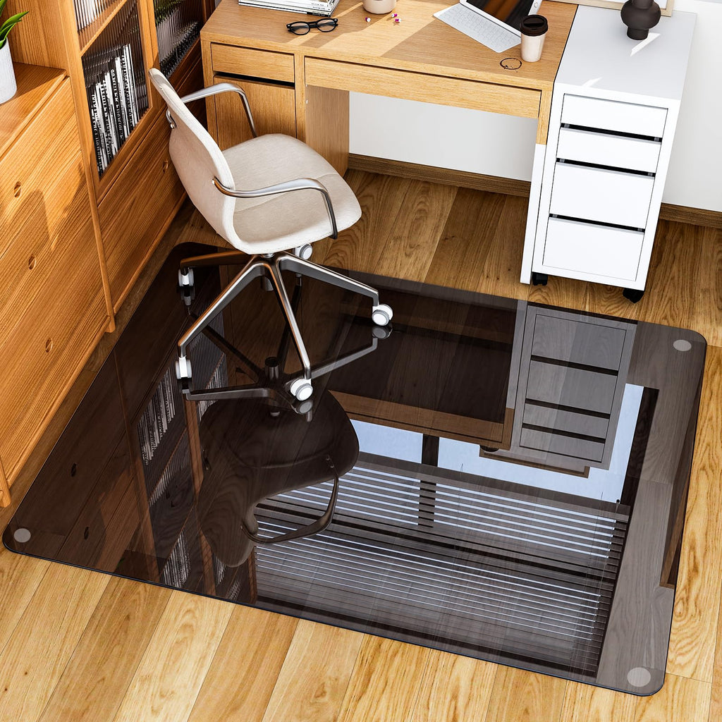 GLSLAND Office Chair Mat, 36" x 46" Grey Tempered Glass Floor Mat for Office Chair on Carpet, 1/5" Thick Computer Floor Mat with 4 Anti-Slip Pads
