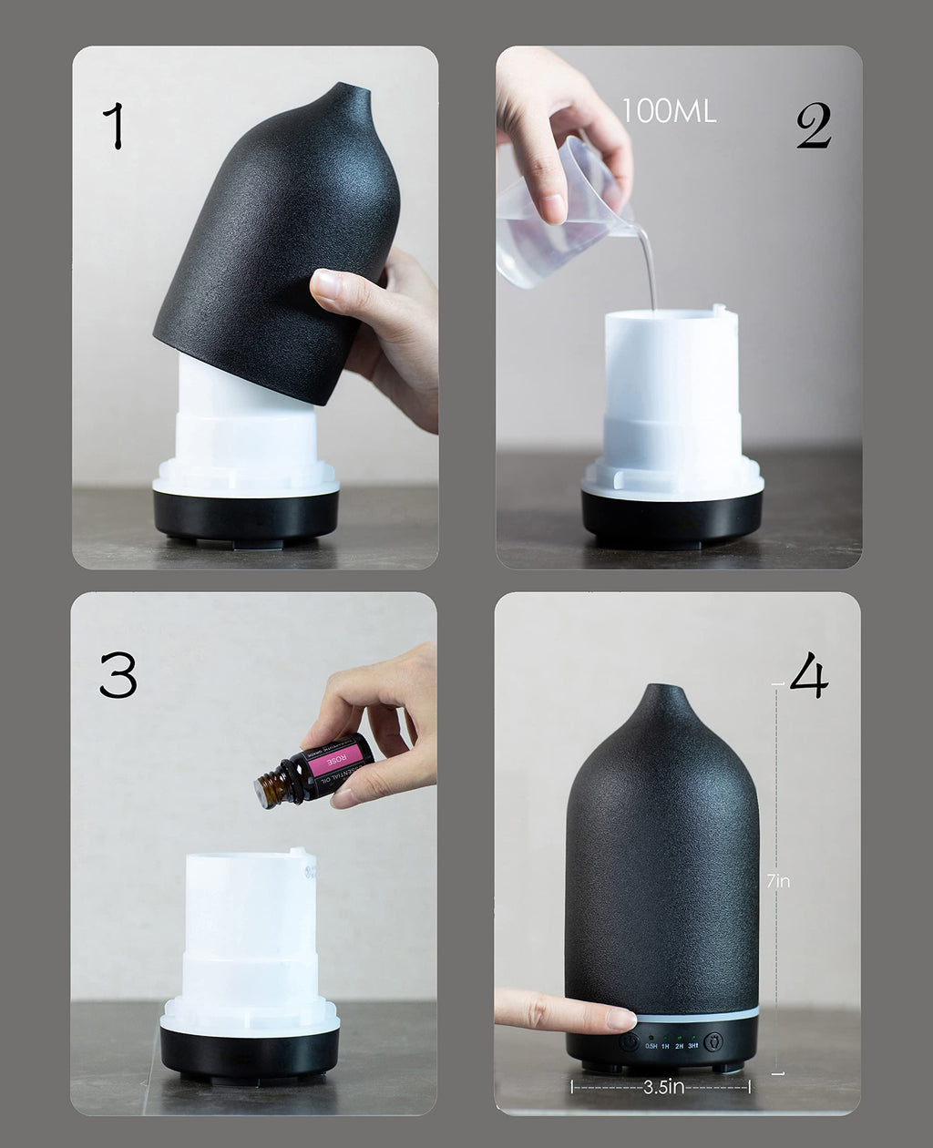 Essential Oil Diffuser,Handcrafted Ceramic Diffuser for Home,Ultrasonic Cool Mist Air Diffuser, 9 Colors Night Light with Timer (Black)