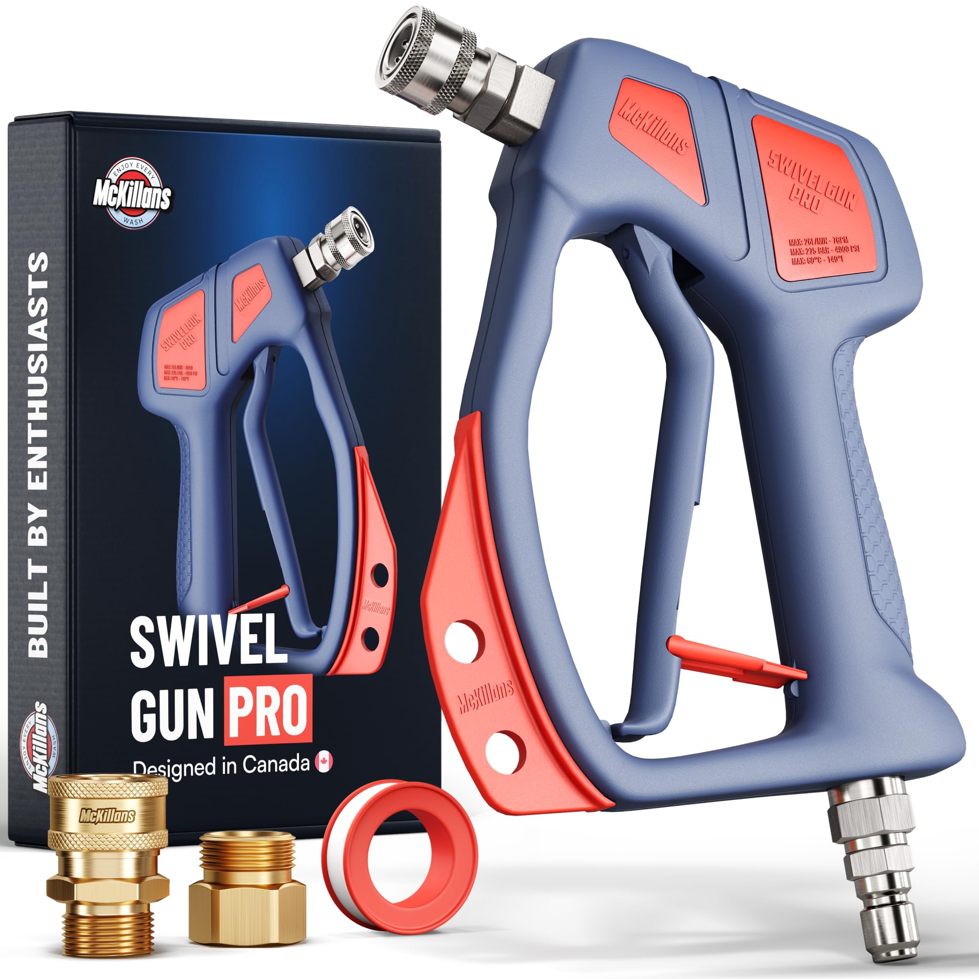 McKillans® Swivel Gun Pro - Swivel High Pressure Water Handle with 3/8" Male Plug and 1/4” Quick Connector Coupler - Power Washer Gun Compatible with Foam Cannon - Nozzle Tips Holder