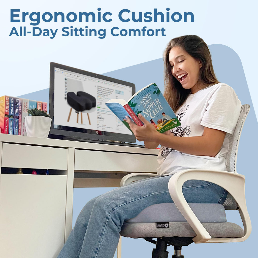 5 STARS UNITED Seat Cushion - Memory Foam Chair Cushion for Tailbone Pain Relief - Ergonomic Support for Coccyx, Sciatica & Butt - Office, Desk & Gaming Chair, Car Seat, Wheelchair, Airplane, L Gray