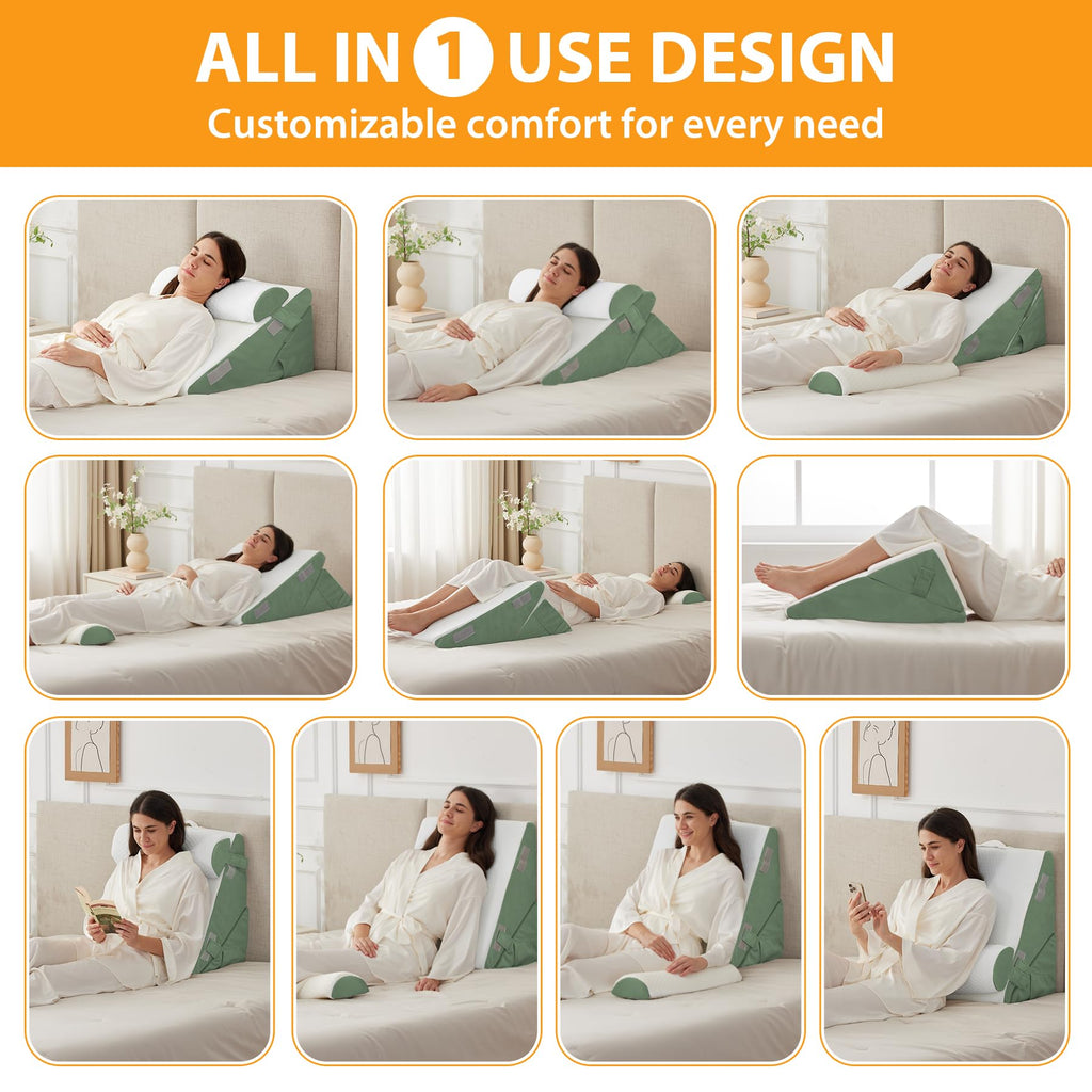 Ruqmuis 3PCS Wedge Pillow Set for After Surgery, Wedge Pillow Headboard, Adjustable 9&12 Inch Bed Pillow Wedge for Sleeping, Acid Reflux, Orthopedic Pillow Wedge for Back Pain Relief, Gerd, Green
