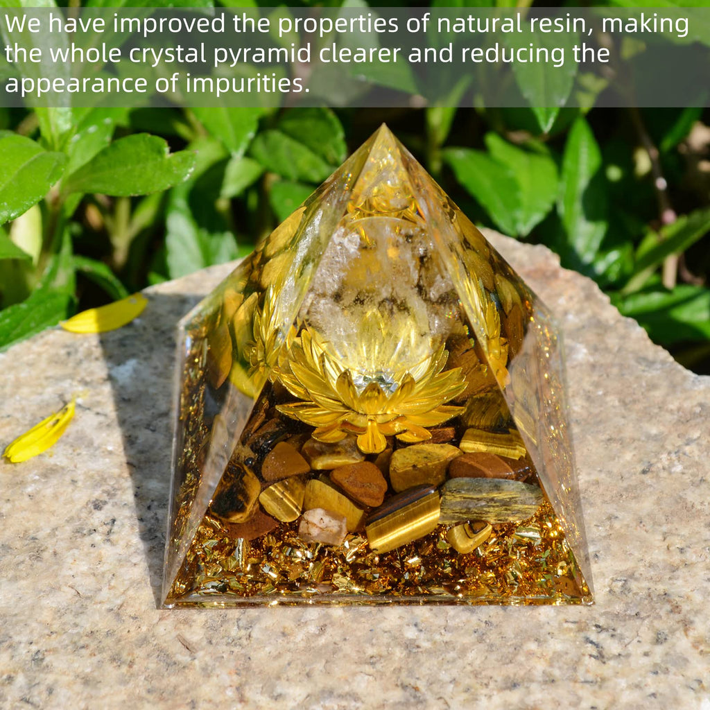 Hopeseed Orgone Pyramid Flower of Life Orgonite Money Healing Crystals Pyramid for Positive Energy with Tiger's Eye Stones and Luck White Crystal That Promotes Wealth, Prosperity and attracts Success