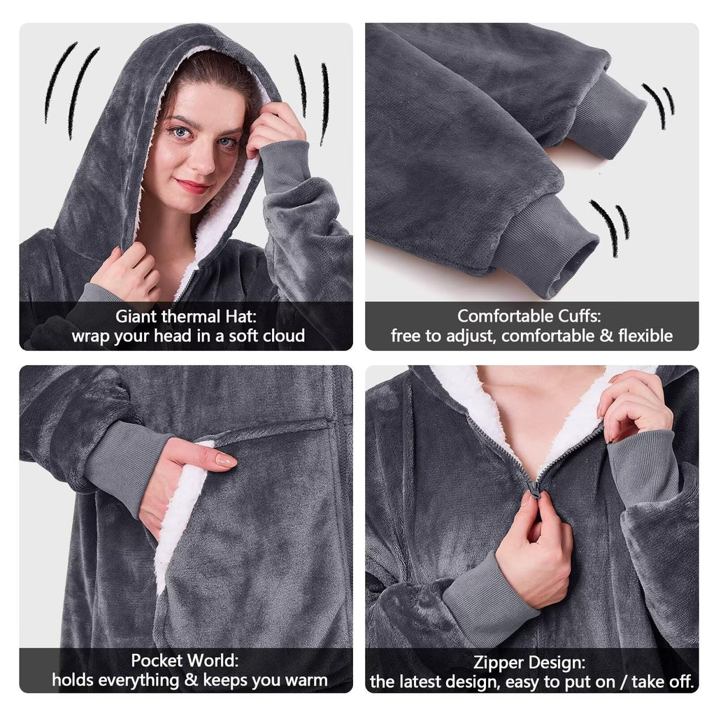 JOYWOO Oversized Wearable Blanket Hoodie, Long Hooded Blanket for Adult, Birthday Christmas Gifts for Women Men, Cozy Sherpa Sweatshirt Blanket with Giant Pocke Zipper and Winter Gifts,Grey