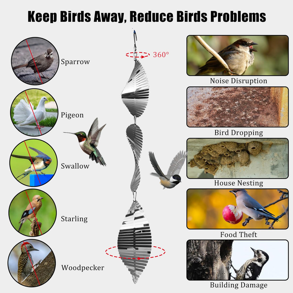 Stainless Steel Bird Deterrents for Outside,3D Wind Spinners Outdoor Decor,12 Discs Reflective Bird Scare Discs 4 Set Bird Reflectors to Keep Woodpecker Pigeon Away from House Window Patio Yard Porch