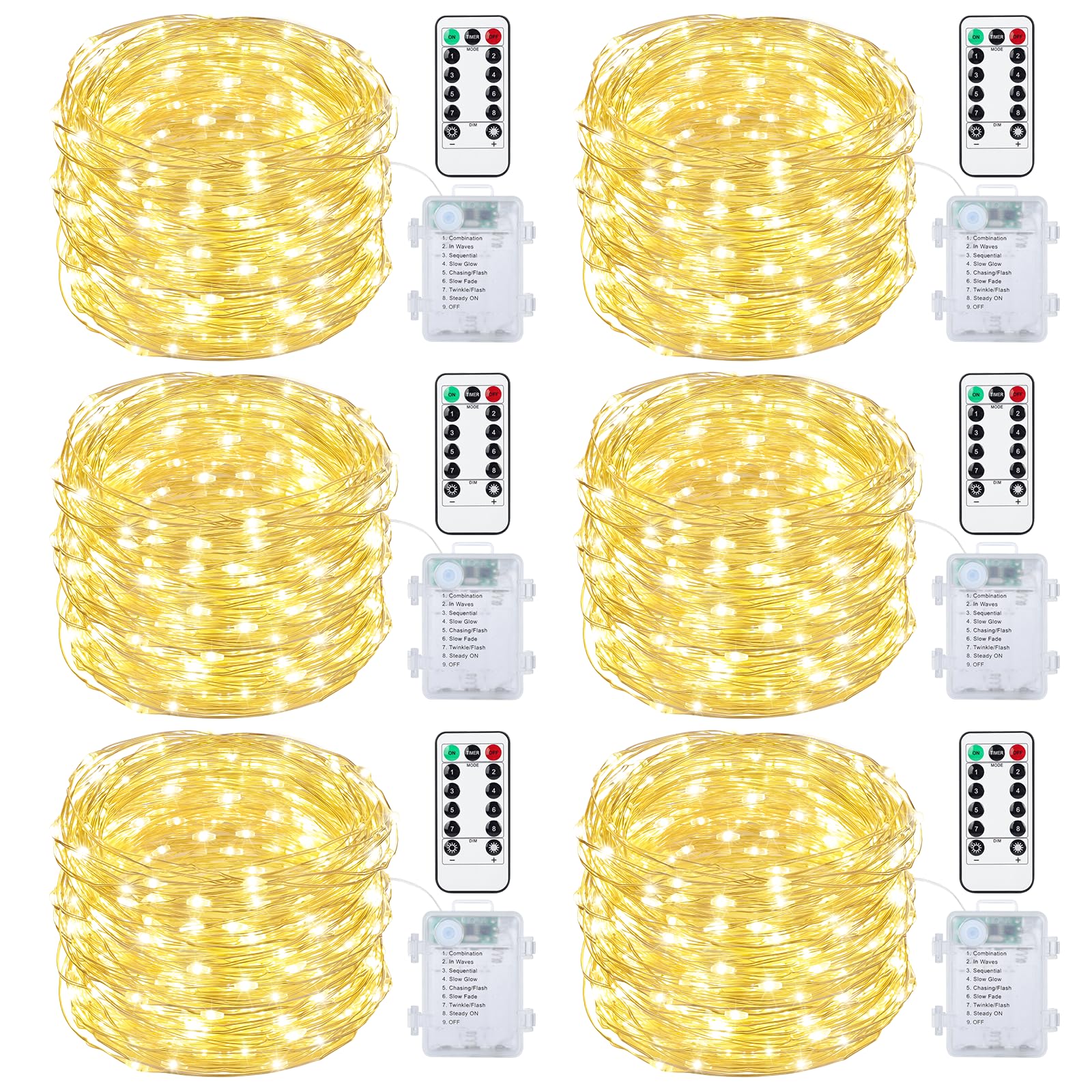Mlambert 6 Pack 33FT Fairy Lights Battery Operated with Remote and Timer, Dimmable Waterproof 8 Modes Light for Bedroom Dorm Christmas-Warm White
