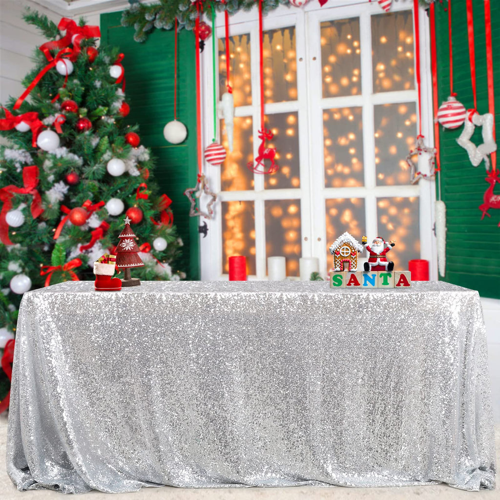 B-COOL 60x102 Inch Silver Tablecloth Halloween Rectangle Silver Sequin Tablecloth Sequin Table Linens Glitter Tablecloth Wedding Sequin Tablecloth for Christmas Halloween
