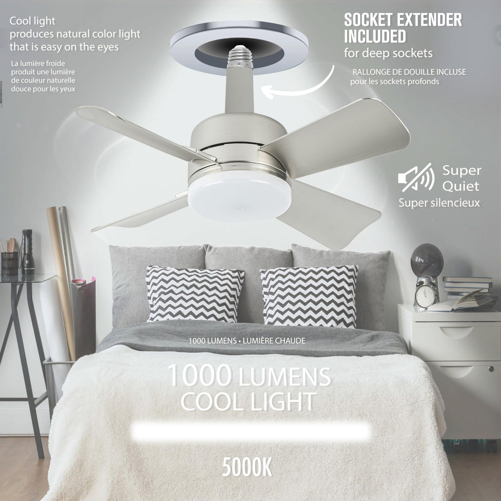 Bell+Howell Socket Breeze Cool Light Deluxe Silver – Ceiling Fans with LED Lights and Remote Control, Replacement for Lightbulb - Bedroom, Kitchen, Living Room,1000 Lumens / 5000 Kelvins