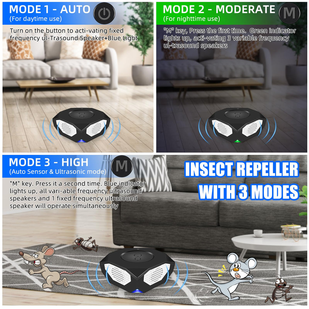 2024 Upgraded Ultrasonic Pest Repeller Rodent Repellent Ultrasonic Plug in 3-in-1 Mice Repellent Indoor Ultrasonic Mouse Repellent with Strobes Light Squirrel Repellent Indoor Attic House Garage Barn