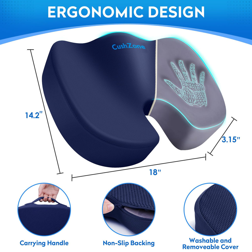 CushZone Office Chair Cushions, Memory Foam Coccyx Cushion for Tailbone Pain Office Chair Car Seat, Sciatica, Coccyx, Lower Back Pain Relief (Blue)