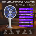Rotating Head Electric Fly Swatter for Indoors with 16–40" Telescopic Handle, 4000V 2-in-1 UV USB Rechargeable Bug Zapper Indoor Outdoor, Fly Mosquito Zapper Killer Catcher Trap for Ceilings and Walls