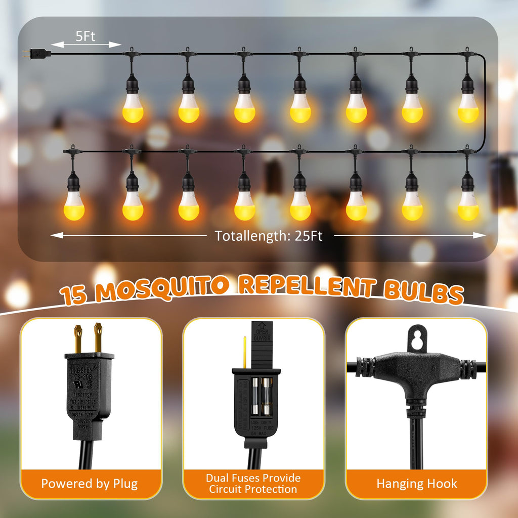 Qualirey Mosquito Repellent LED String Light for Outdoor, 25FT 7W Waterproof Mosquito Killer Light Bulbs Outdoor Bug Zapper for Patio Backyard Deck, Compatible with Tiki Bitefighter
