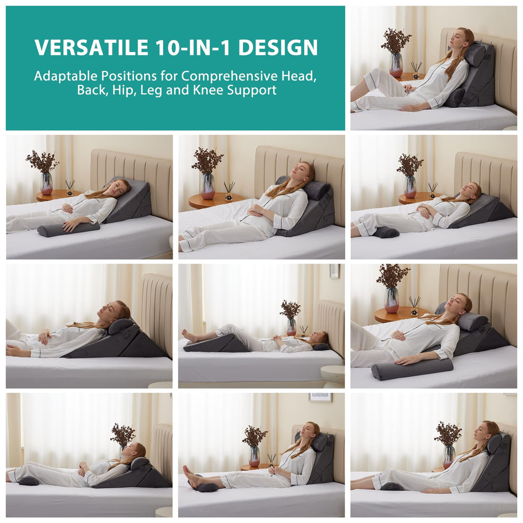 Bedluxe Adjustable 4pcs Bed Wedge Pillow Set, Memory Foam Wedge Pillow Post Surgery for Back, Neck, Leg Pain Relief, Pillow Wedge for Sleeping, Sitting up in Bed, Acid Reflux and GERD, Velvet
