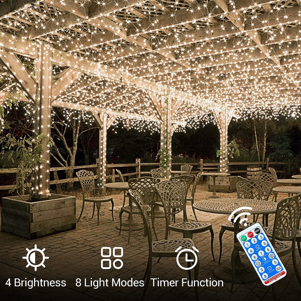 ICRGB Solar Rope Lights Outdoor, 66FT 200LED Solar Christmas String Lights with Remote, IP67 Waterproof Outdoor Lights, Timing, 8 Modes, Garden Christmas Lights Decorative for Porch Tree Pool, White