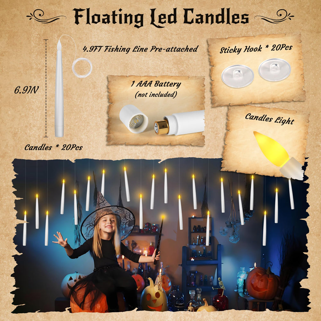 Halloween Decor Floating Candles With Wand, 20pcs Magic Hanging Candles With Remote,6.9IN Flameless Taper Led Candles Battery Operated Floating Window Candles,Decor for Christmas/Wedding/Halloween
