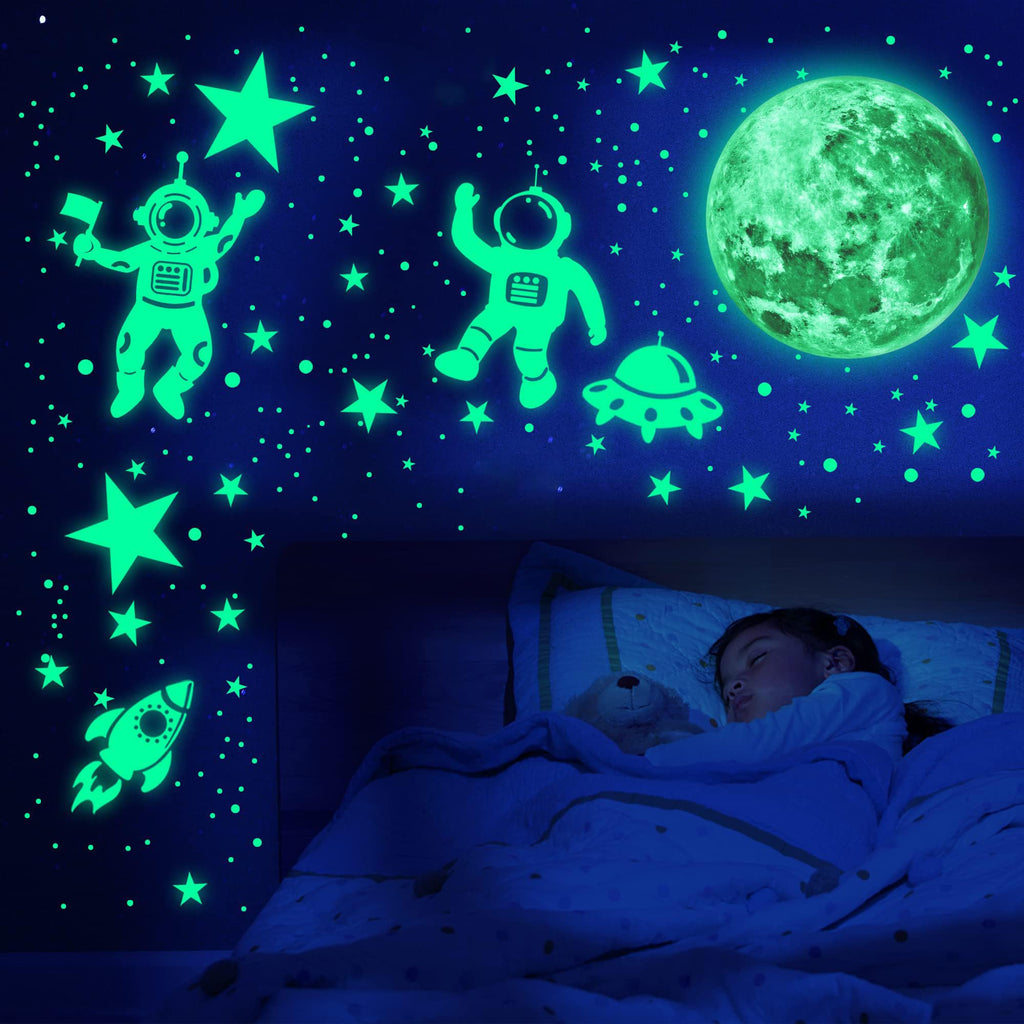 Glow in The Dark Stars for Ceiling Glow in The Dark Moon and Space Wall Decals Luminous Astronaut Universe Planet Galaxy Wall Stickers Outer Space Decal for Kids Boys Girls Bedroom Christmas Gift
