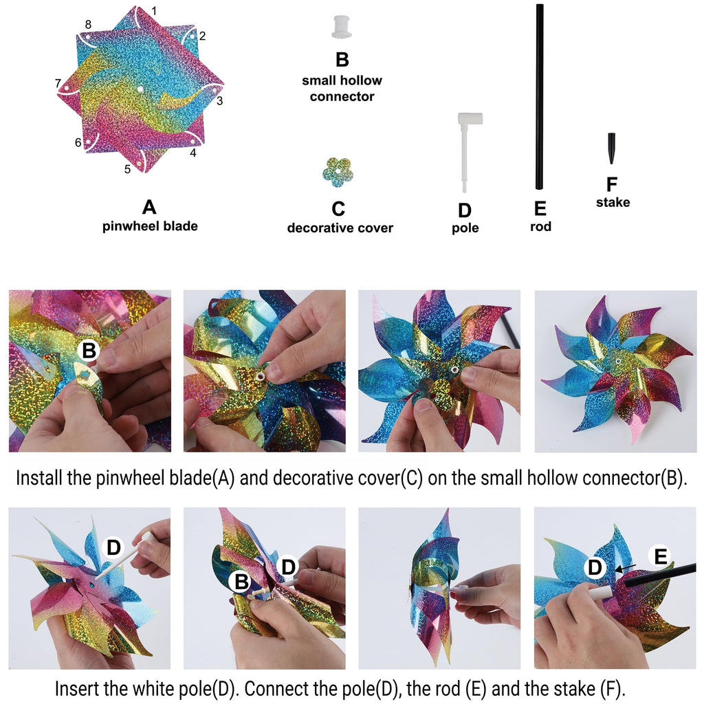 Hausse 10 Pack Reflective Pinwheels Wind Spinner, Extra Sparkly Rainbow Pinwheel with Stakes, Bird Repellent Blinder Devices Deterrent to Scare Birds Away from Yard Patio Farm Garden, Colorful