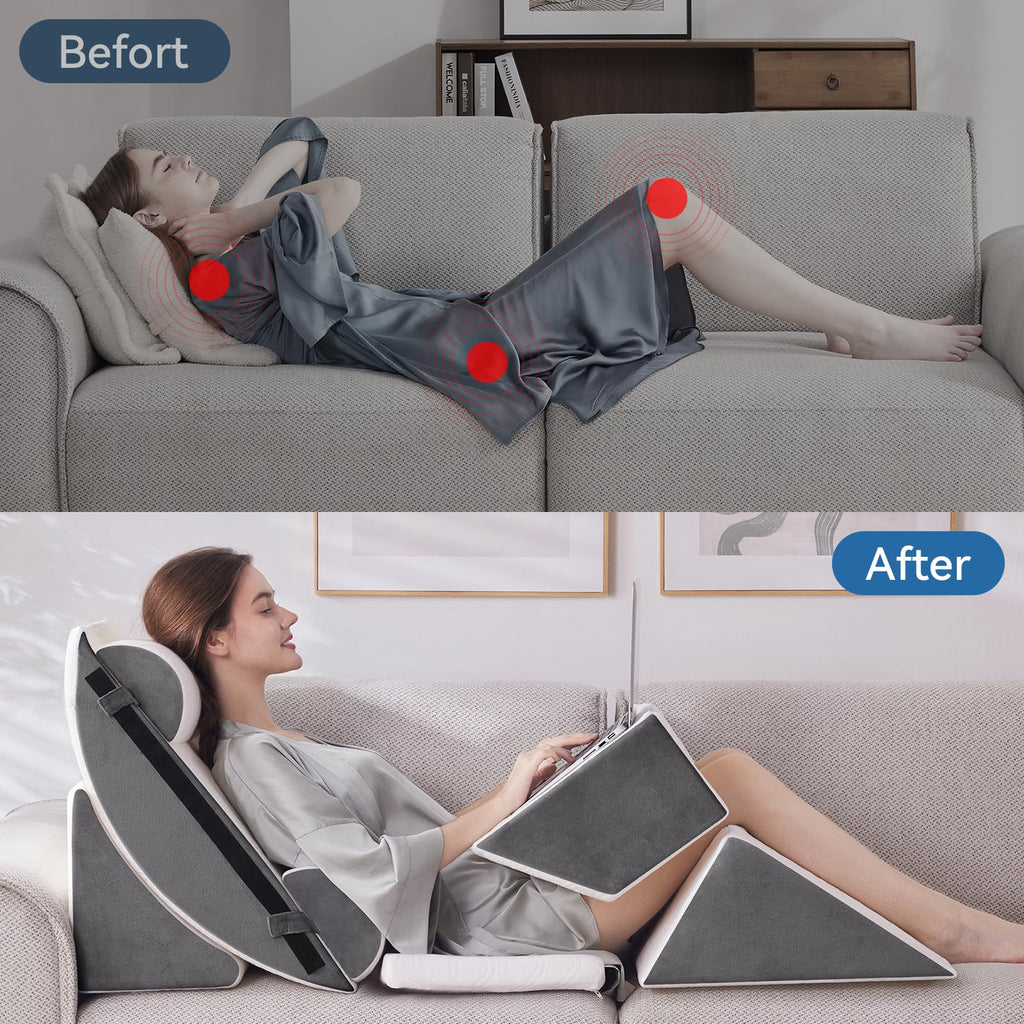 Negwoo 7PCS Orthopedic Bed Wedge Pillow Set for Sleeping, Post Surgery Foam Support Pillow for Back, Neck, Leg Pain Relief and Acid Reflux, Comfortable Adjustable Sitting Back Pillow Grey