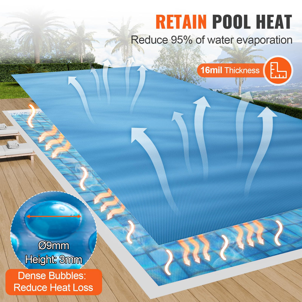 VEVOR Solar Pool Cover, 24 x 12 ft Rectangle Solar Cover 16 mil for Pools, Inground Above Ground Swimming Pool Solar Blanket with Bubble, Heat Retaining Solar Covers Blue