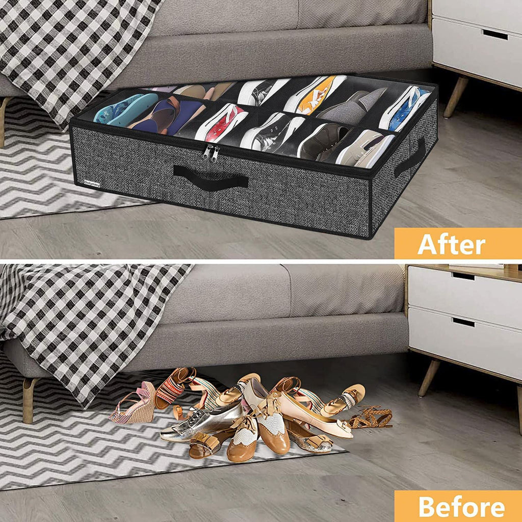 Sturdy Under Bed Shoe Storage Organizer, Set of 2, Fit 12 to 24 Pairs, Underbed Shoes Closet Storage Solution with Clear Window, Breathable, L29.3 x W23.6 x H5.9, Linen-like Black, MXAUBSB2P