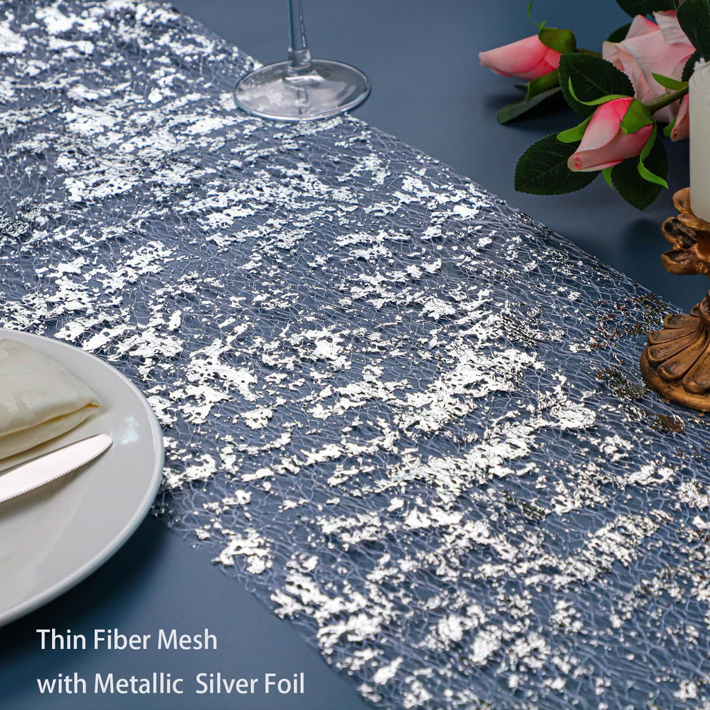 Snowkingdom Silver Table Runner, Sequin Glitter Foil Metallic Silver Mesh Table Runner Roll 11 Inch x 49 Feet, Silver Table Decorations Centrepiece for Wedding Birthday Party Christmas Baby Shower