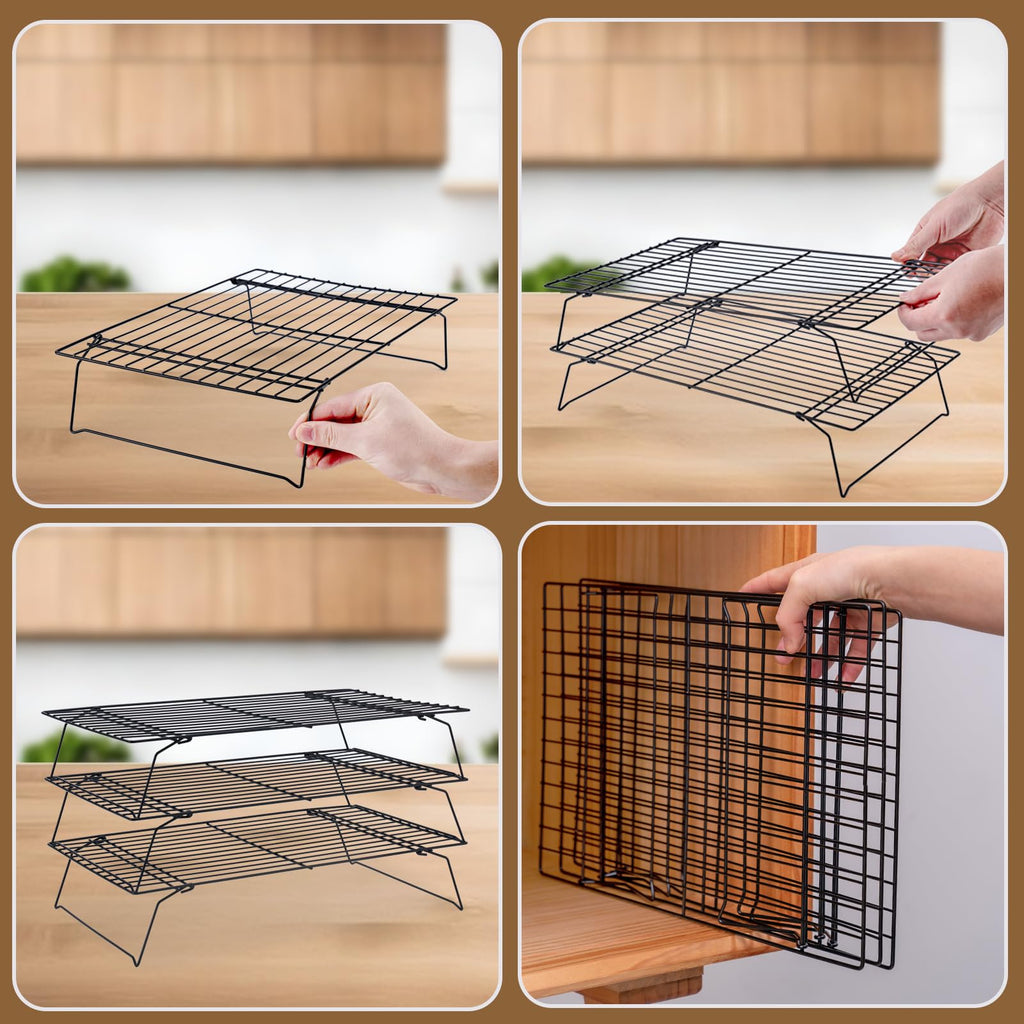 Cooling Rack for Baking 3 Tiers, 16" x 10" Cookie Cooling Wire Rack Stackable Collapsible Nonstick, Stainless Steel Baking Cooking Cooling Racks with Optimum Air Flow, Black