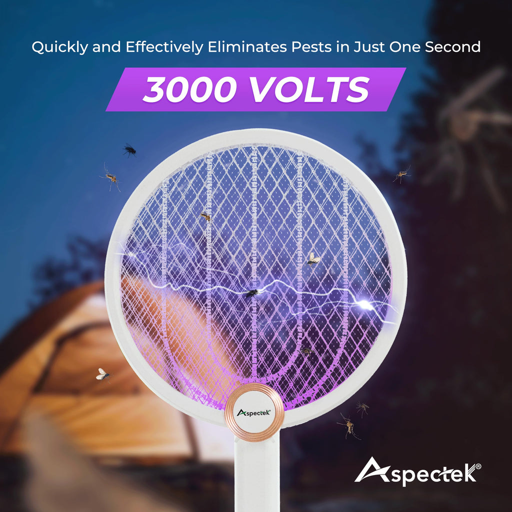 ASPECTEK Upgraded 3000V Electric Fly Swatter for Indoor and Outdoor, Portable, Foldable, Rechargeable with Improved Battery Life, USB Charging Cable, Include a Storage Bag